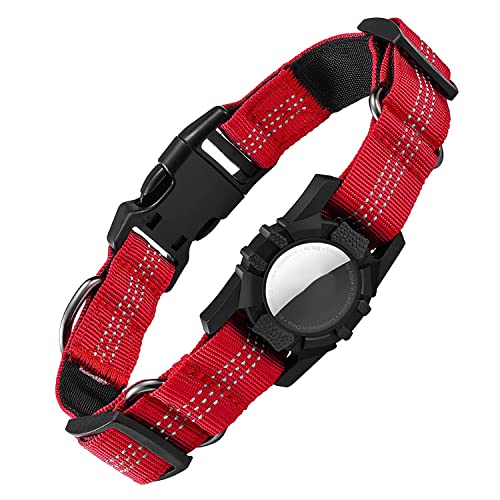 Doumneou Hundehalsband, reflektierendes Airtag-Hundehalsband für Airtags, verstellbar, langlebig, strapazierfähig, Rot von Doumneou