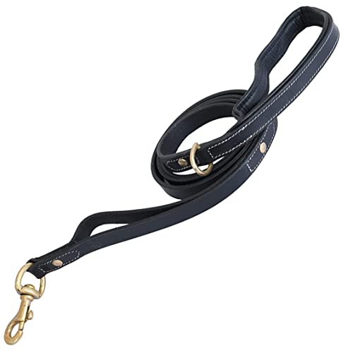 DowgClub | Strapazierfähige Hundeleine aus echtem Leder für kleine, mittel große Rassen | Handgemachter, weicher, gepolsterter Griff | mit Ring für Kotbeutelhalter | (183cm - 2 Handle, Schwarz) von DowgClub