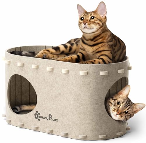 Katzenhöhle Filz, Katzenhaus aus Filz, Katzenbett, Katzenhöhle für Katzen, 58 x 33 x 30cm, Peek-a-Boo zum Spielen, Winterfest, Schutz der Katzennägel, Beige von DownyPaws