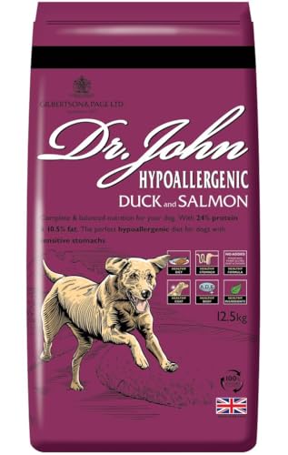 Dr John Hypoallergene Ente und Lachs, 12,5 kg – Dr. John Hypoallergenes Rezept für Ente und Lachs ist ein hypoallergenes Rezept, das ohne Zusatz von Weizen und jeglicher Form von Huhn (einschließlich von Dr John