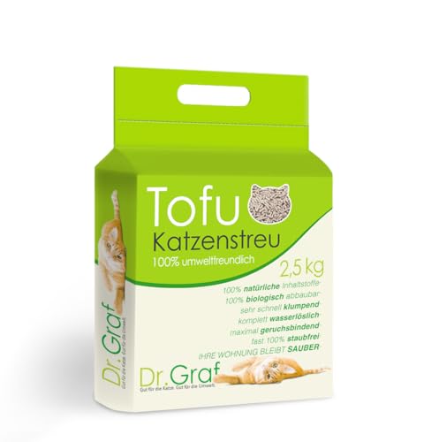 Dr. Graf Tofu Katzenstreu, 100% natürlich, Innovative Klumpstreu, geruchsfrei, komplett wasserlöslich， biologisch abbaubar, staubfrei，Extrem Saugfähig und schnell trocknend (Gewicht: 2,5KG) von Dr. Graf