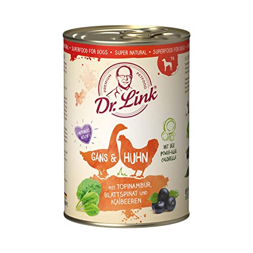 Dr. Link® SUPER Natural 18x400g SPARPACK Premium-Nassfutter für Hunde | Gans und Huhn mit Topinambur, Blattspinat und Acaibeeren | getreidefrei | Superfoods von Dr. Link VET PETCARE