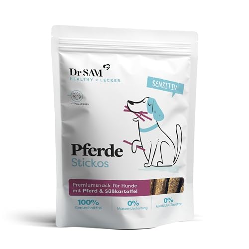 Dr. SAM Premium Snacks für Hunde - Pferde Stickos als gesunde Leckerlis für empfindliche Magen - hypoallergenes Pferdefleisch mit Süßkartoffel und Leinsamen - glutenfrei - Treat for Dogs - 100g von Dr. SAM