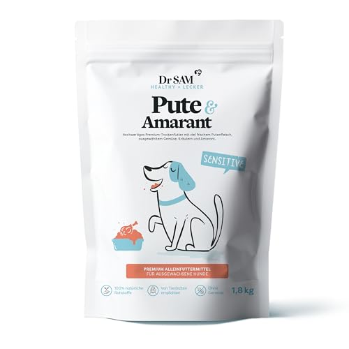 Dr. SAM Premium Trockenfutter für ausgewachsene Hunde - Pute & Amarant Alleinfuttermittel mit Kräutermischung - ideal bei empfindlichem Magen - Gluten- und getreidefrei - Dry Dog Food - 1,8kg von Dr. SAM