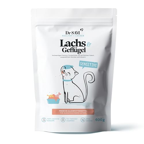 Dr. SAM Premium Trockenfutter für ausgewachsene Katzen - Lachs & Geflügel Alleinfuttermittel mit Reis und Kartoffeln fördert Zahnpflege und gesundes Fell - Gluten-& getreidefrei - Dry cat Food - 600g von Dr. SAM