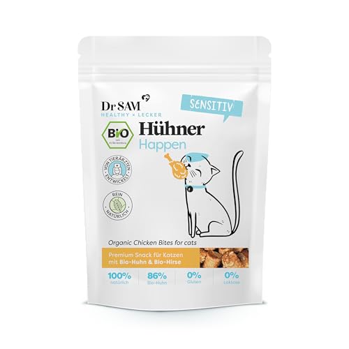 Dr. SAM Hühner Happen für Katzen - Hühner Happen als gesunde Leckerlis für gesunde Haut & glänzendes Fell - Snacks mit Hirsemehl, Kokosmehl und kaltgepressten Leinsamen - Treat for Cats - 80g von Dr. Sam