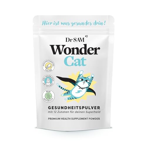 Dr.SAM WonderCat - Gesundheitspulver für Katzen - Hochdosierte Nahrungsergänzung für Gelenke, Darm, Stress, Zähne, Haut und Fell, 100% pflanzliche Rundumversorgung, Made in Germany, 45g von Dr. SAM