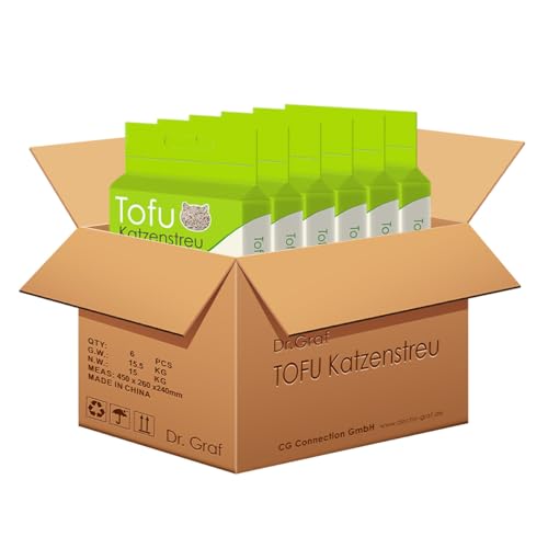 Dr. Graf Tofu Katzenstreu, 100% natürlich, Innovative Klumpstreu, geruchsfrei, komplett wasserlöslich， biologisch abbaubar, staubfrei，Extrem Saugfähig und schnell trocknend (6 x 2,5KG) von Dr.Graf