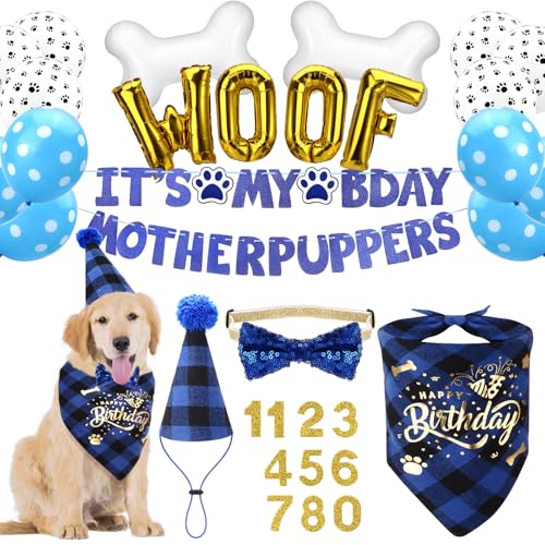 Hunde-Geburtstagsparty-Zubehör, Bandana-Set mit niedlicher Hundefliege, Schal, Geburtstagsbanner, WOOF-Ballons und Hut mit Zahlen für mittelgroße und extra große Hunde (blau) von Draupnir