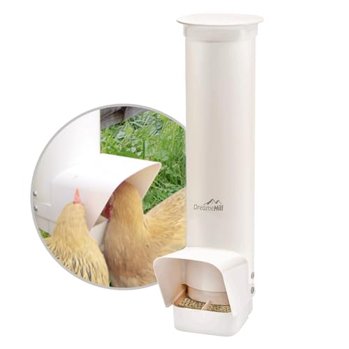 DreameHill Automatischer Hühnerfutterautomat, 3,2 kg Kapazität, großer PVC-Geflügelfutterautomat mit Regenschutz, kein Abfall-Design, einfach zu installieren und zu reinigen, UV-beständig, ideal für von DreameHill