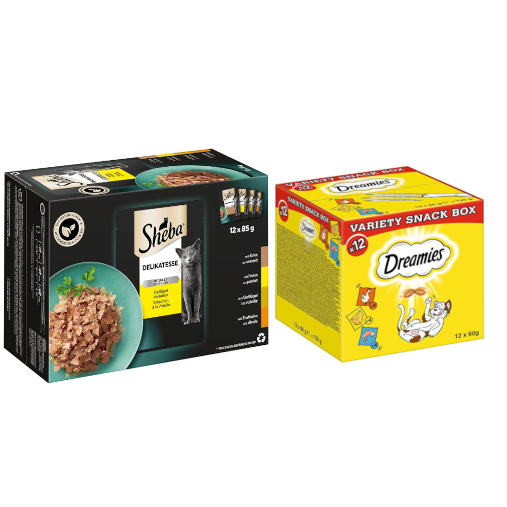 48 x 85 g Sheba Nassfutter + 12 x 60 g Dreamies Variety Box Snack zum Sonderpreis! - Delikatesse in Gelee Geflügel Variation von Dreamies