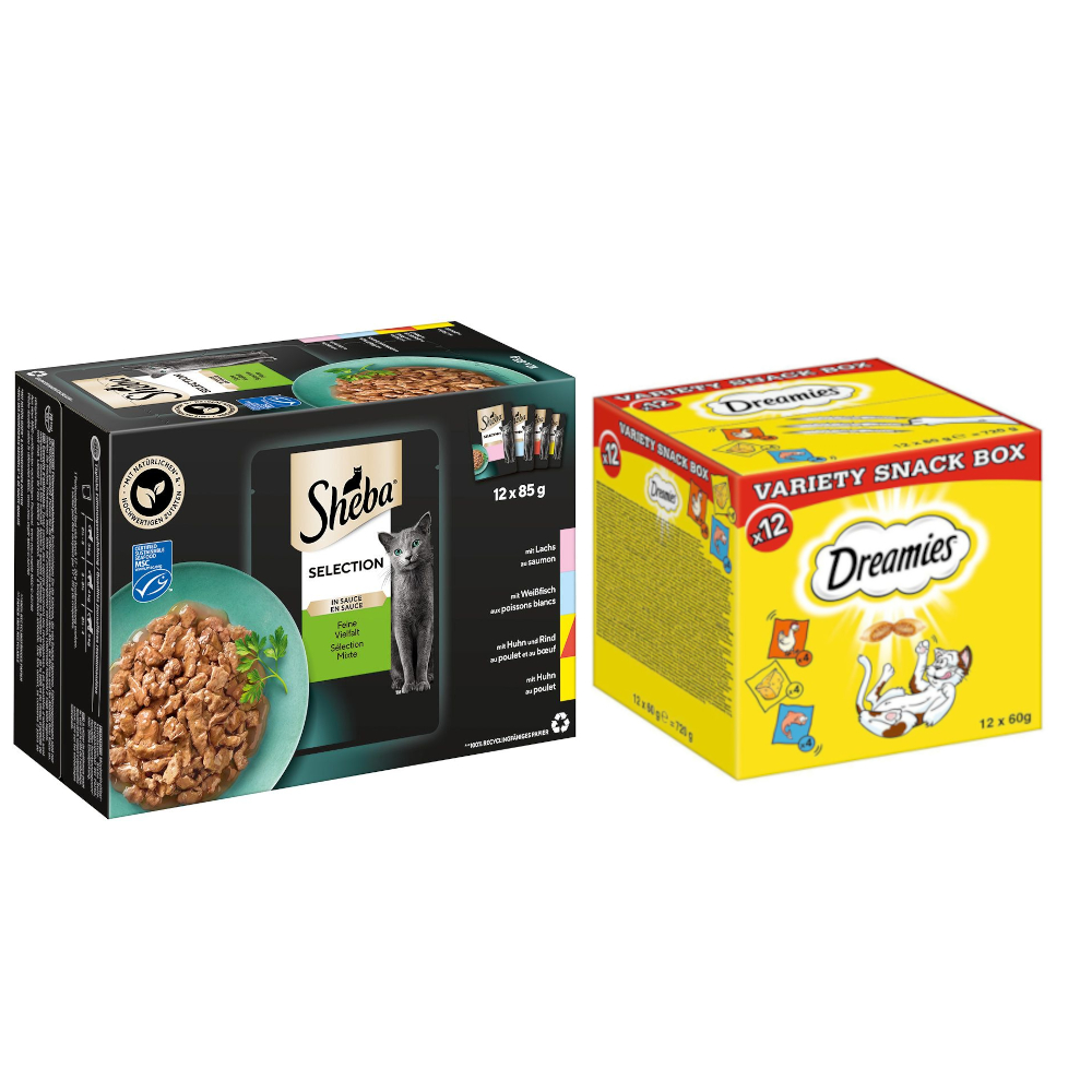 48 x 85 g Sheba Nassfutter + 12 x 60 g Dreamies Variety Box Snack zum Sonderpreis! - Selection in Sauce Feine Vielfalt von Dreamies