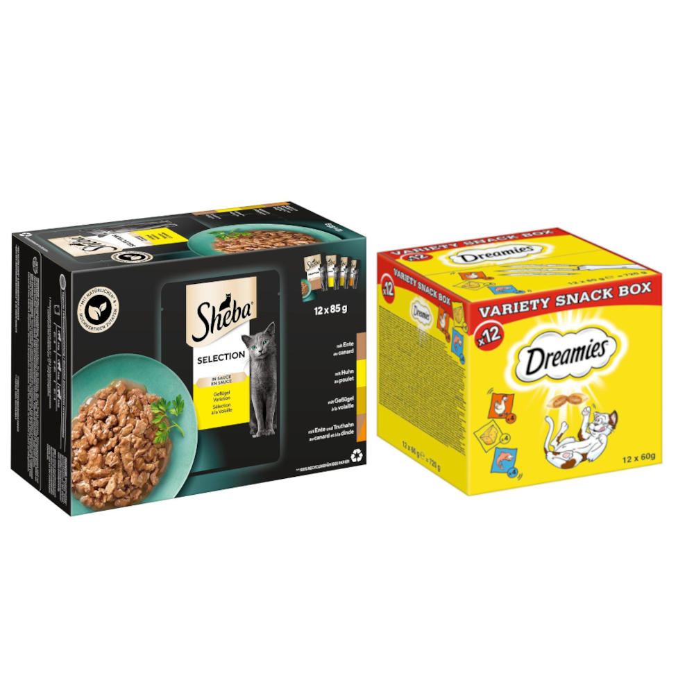 48 x 85 g Sheba Nassfutter + 12 x 60 g Dreamies Variety Box Snack zum Sonderpreis! - Selection in Sauce Geflügel Variation von Dreamies