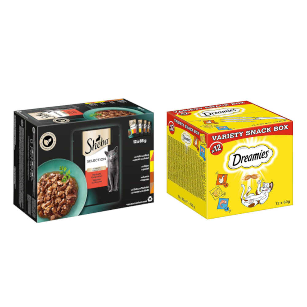 48 x 85 g Sheba Nassfutter + 12 x 60 g Dreamies Variety Box Snack zum Sonderpreis! - Selection in Sauce Herzhafte Komposition von Dreamies