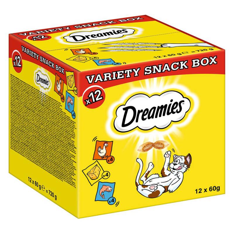 Dreamies Katzensnacks Variety Box - 12 x 60 g Mixbox (Huhn, Käse, Lachs) von Dreamies