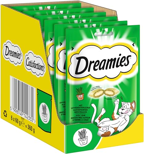 DREAMIES Katzensnacks - 6x60g - mit Katzenminze - Traumhaft knusprige Katzen Leckerlies mit zarter Füllung von Dreamies