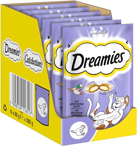 DREAMIES Katzensnacks - 6x60g - mit Ente - Traumhaft knusprige Katzen Leckerlies mit zarter Füllung von Dreamies