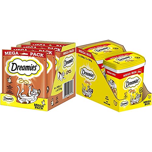 Dreamies Klassiker Katzensnacks mit Huhn – Katzenleckerli mit knuspriger Textur und cremiger Füllung – 4 x 180g & Mix Katzensnacks mit Käse-Geschmack – Außen knusprig & innen cremig – 2 x 350g von Dreamies