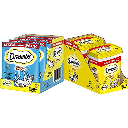 Dreamies Klassiker Katzensnacks mit Lachs – Katzenleckerli mit knuspriger Textur und cremiger Füllung – 4 x 180g & Mix Katzensnacks mit Käse-Geschmack – Außen knusprig & innen cremig – 2 x 350g von Dreamies