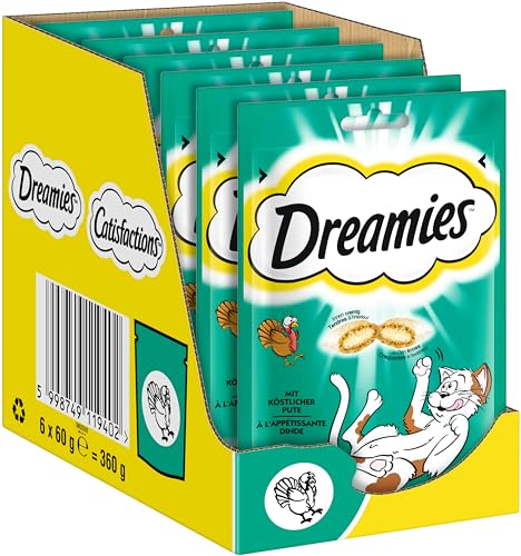 DREAMIES Katzensnacks - 6x60g - mit Pute - Traumhaft knusprige Katzen Leckerlies mit zarter Füllung von Dreamies