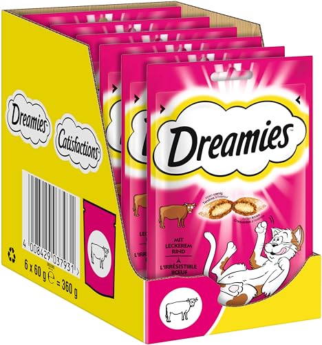 DREAMIES Katzensnacks - 6x60g - mit Rind - Traumhaft knusprige Katzen Leckerlies mit zarter Füllung von Dreamies