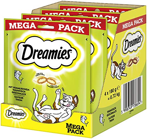 DREAMIES Katzensnacks - 4x180g - mit Thunfisch - Traumhaft knusprige Katzen Leckerlies mit zarter Füllung von Dreamies