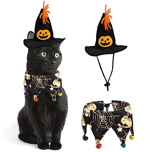 Dreamls Hund Kürbis Hut und Halsband Set Katzenhalsband mit Glocke Zauberer Hut Haustier Halloween Zubehör Kostüm für Hund Katze (Spinnennetz) von Dreamls