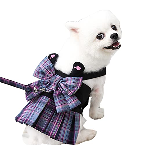 Hundekleid Geschirr und Leine Tutu Plaid Rock Sweetie Bowknot mit D-Ring Katzengeschirr Kein Ziehen für Katze Welpen Kleine Hunde (Lila, XL) von Dreamls