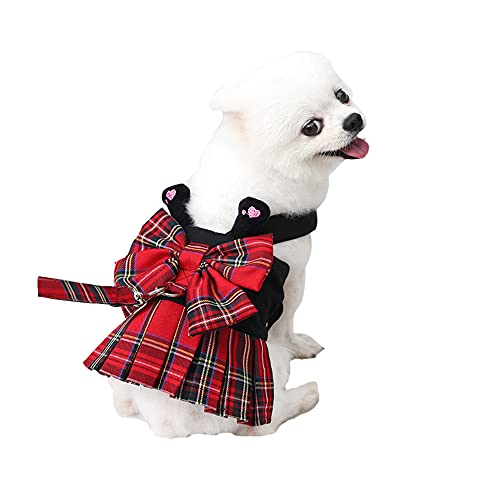 Hundekleid Geschirr und Leine Tutu Plaid Rock Sweetie Bowknot mit D-Ring Katzengeschirr Kein Ziehen für Katze Welpen Kleine Hunde (Rot, XS) von Dreamls