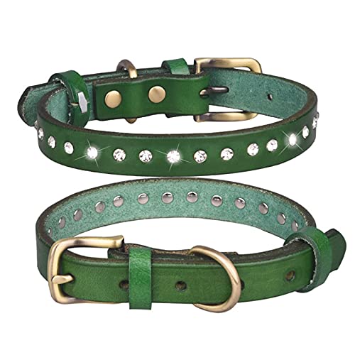 Retro Hundehalsband aus Leder, verstellbar, weich, mit Strasssteinen, Welpenhalsbänder für kleine und mittelgroße Hunde (L: Grün) von Dreamls