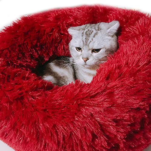 Rundes Nest, Katze Winter Schlafbett Warm Plüsch Indoor Nest Waschbar Hundehütte für Katzen Welpen Kleine Mittlere Hunde (Durchmesser 50 cm, Rot) von Dreamls