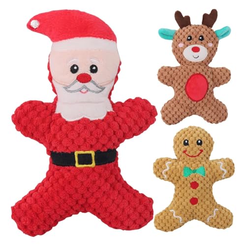 Dreuhuing 3 Pack Christmas Dog Toy, Christmas Plush Interactive Dog Squeaky Toys, Christmas Pet Stuffed Plush Toys, Pet Stuffed Animal Soft Chewing Toy, Ginger Man Rentier , Dog Chew Toy von Dreuhuing