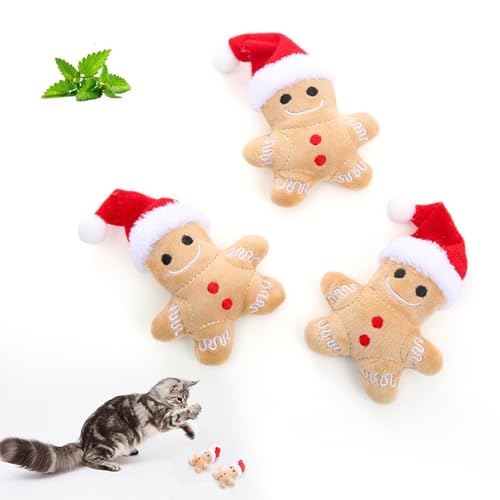 Dreuhuing 3PCS Katzenspielzeug Weihnachten, Lebkuchen Katzenspielzeug, Interaktives Lebkuchenmann Katzenminze Spielzeug für Katzen, Lebkuchenmann Katzen Kauspielzeug, Reduziert Langeweile & Unbehagen von Dreuhuing