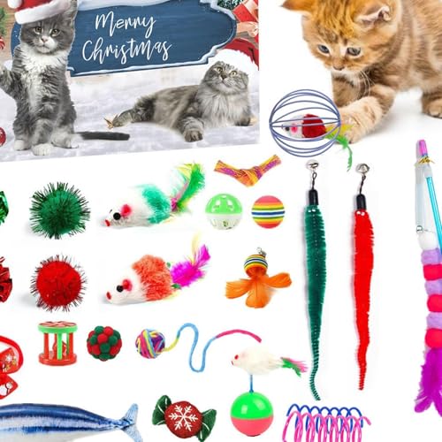 Dreuhuing Katzen Adventskalender 2024, Weihnachtskalender für Katzen mit 24 Katzenspielzeugen Set, Weihnachtskalender Interaktives Kätzchenspielzeug, Federspielzeug für Katzen, für Katzenliebhaber von Dreuhuing