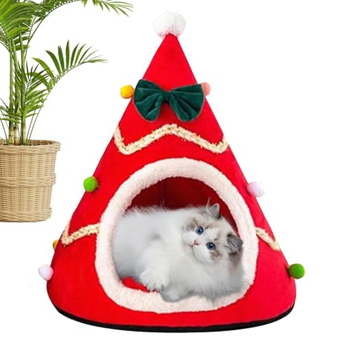 Dreuhuing Weihnachtsbaum-Katzenhaus, Weihnachtsbaum-Katzenzelt,Plüsch-Haustierzelthaus | Weihnachts-Katzenbett, halbgeschlossene Höhle, Winter-Schlafnest für Katzen und Hunde von Dreuhuing