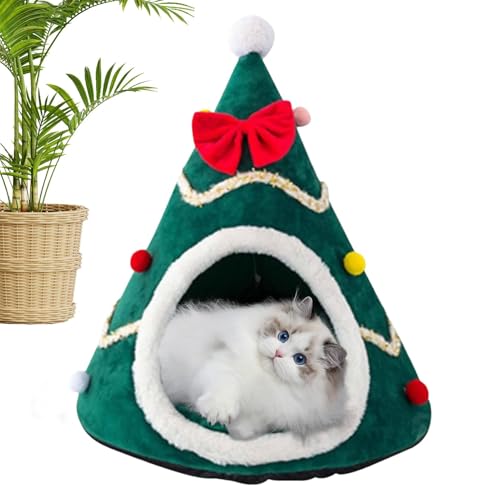 Dreuhuing Weihnachtsbaumbett für Katzen,Weihnachtsbaum-Katzenbett | Plüsch-Haustierzelthaus | Gemütliches warmes Schlafnest, halbgeschlossenes Weihnachts-Katzenbett für Welpen und Kätzchen im von Dreuhuing