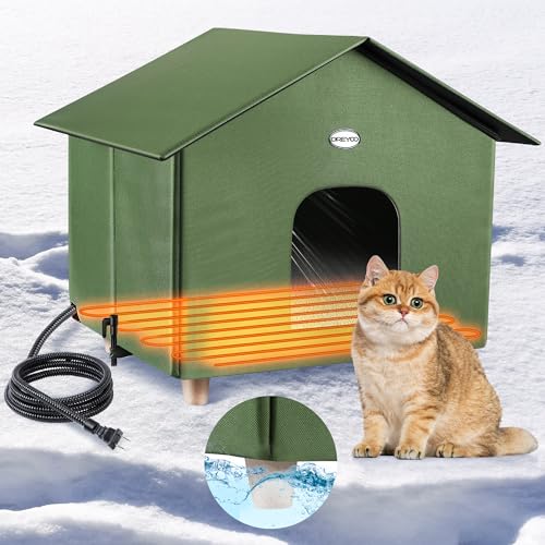 Dreyoo 1 Packung Beheiztes Katzenhaus Übergröße 45.7 cm x 50.8 cm x 40.6 cm, wetterfester Katzenhaus für den Außenbereich mit Heizkissenmatte, warmes Katzenhaus mit 2 Türen für den Winter (Olivgrün) von Dreyoo