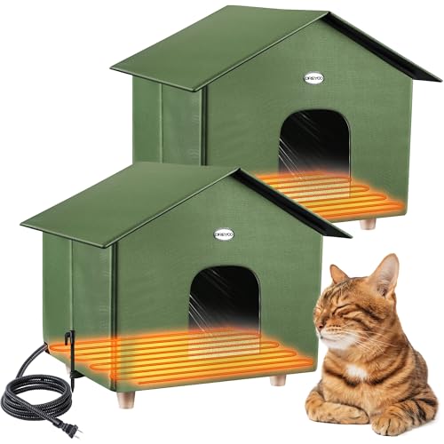 Dreyoo 2 Pack Beheiztes Katzenhaus Übergröße 18 x 20 x 16 Zoll, wetterfester Outdoor-Katzenunterstand mit Heizkissen-Matte, warmes Katzenhaus mit 2 Türen für den Winter (Olivgrün) von Dreyoo