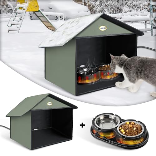 Dreyoo Katzen Futterstation Outdoor mit Beheizter Katze Wassernapf, Wetterfest Kitty Esszimmer Outdoor mit Beheiztem Haustiernapf für Futter und Wasser, Feral Katze Futterstation Katzenunterstand von Dreyoo