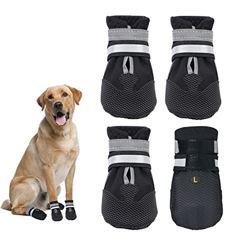 Dricar Hundeschuhe, 4er Set Hundestiefel für verletzte Pfoten, wasserdichte rutschfeste Hundeschuhe mit reflektierenden Riemen für kleine, mittelgroße und große Hunde, Laufen, Schwarz (L) von Dricar