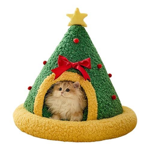 Dtaigou Hundebett Weihnachten,Haustier Weihnachtsbaum, Winter Weihnachten Hundehütte Katzenhöhle, Halbgeschlossenes Weihnachts-Katzennest, Katzenversteck mit waschbarem Kissen für Katzen und Hunde von Dtaigou