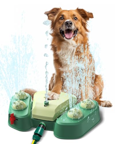 Dufuso Hundespielzeug Wassersprinkler, Outdoor Wasserspielzeug für Hund, Trinkbrunnen mit Zwei Düsen rutschfeste Einstellbare Wasserhöhe, Sommer Hundebrunnen für Rasen Garten Haustier Freienspiel von Dufuso