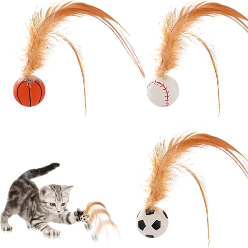 Duroecsain Interaktive Bälle für Katzen, Hüpfbälle für Katzen, 3 Bälle aus Gummi für Katzen | unterhaltsames Beißspielzeug mit Federn für die Interaktion im Innenbereich und von Duroecsain