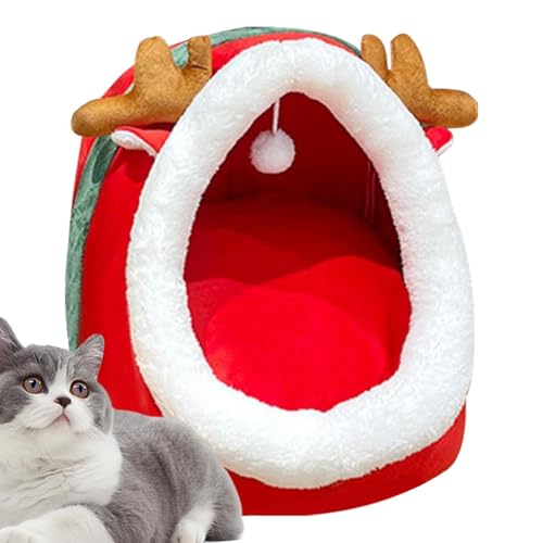 Duroecsain Weiches Katzenhaus, halbgeschlossenes Katzenbett, Weihnachts-Katzenhöhle, waschbare, halbgeschlossene Katzenbetten, Rutschfestes, bequemes Katzensofa für Haustiere und Hunde von Duroecsain