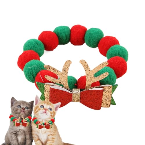 Duroecsain Weihnachts-Katzenhalsband,Katzen-Weihnachtshalsband - Niedliches Schleife-Plüschball-Ferien-Katzenhalsband - Verstellbare Haustier-Halskette, Zubehör, Bunte Hunde-Outfit-Dekorationen, von Duroecsain