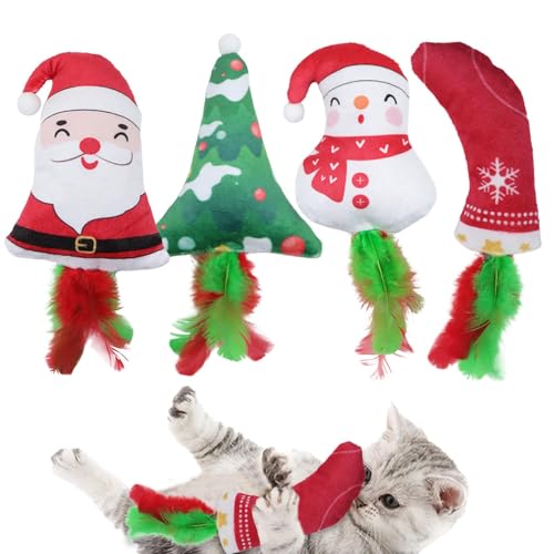 Duroecsain Weihnachts-Katzenspielzeug,Weihnachts-Katzenspielzeug | 4-teiliges Zahnreinigungsspielzeug für Kätzchen | Mit Katzenminze gefülltes Kauspielzeug für Katzen zum Zahnen, interaktives von Duroecsain