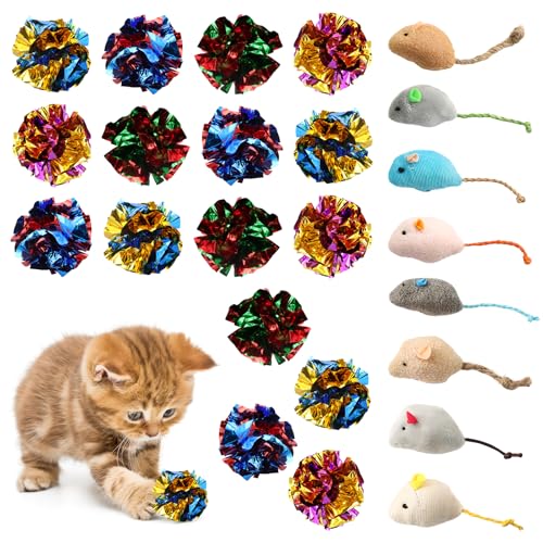 Duronge 24 Stück Katzenspielzeug Set, Katzenminzen Spielzeug Plüsch Maus mit Bunte Katzenspielzeug Ball, Interaktiver Spielball für Katzen, Hilft beim Kauen und Weckt das Interesse der Katze von Duronge