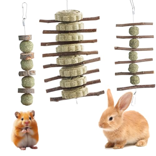 Duronge 3 Stück Kaninchen Spielzeug, Kaninchen Hamster Kauspielzeug, Apfelzweigen Natürlicher Graskuchen, Kaninchen Spielzeug Beschäftigung, Zahnpflege für Kaninchen, Hamster, für Kleintiere Zahnen von Duronge