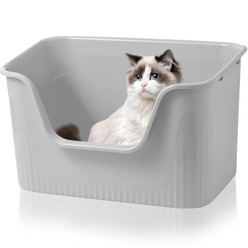 Duscdesp Katzenklo Offen Groß 44x38x22cm, Katzentoilette Hoher Rand Ohne Deckel Katzen Klo Cat Litter Box Spritzwassergeschützt für Große Katzen, Kleine Kätzchen Toilet XXL Toilette, Grau von Duscdesp