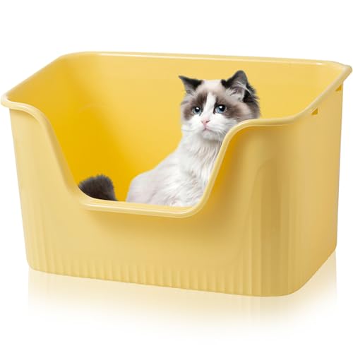 Duscdesp Katzenklo Offen Groß 44x38x22cm, Katzentoilette Hoher Rand Ohne Deckel Katzen Klo Cat Litter Box Spritzwassergeschützt für Große Katzen, Kleine Kätzchen Toilet XXL Toilette, Gelb von Duscdesp